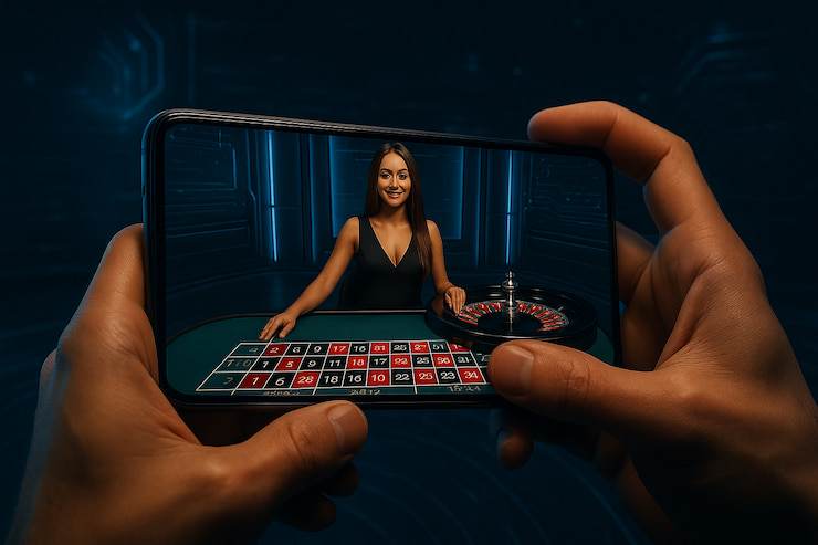 A stylised image showing a player holding a smartphone with a live dealer roulette game on the screen.