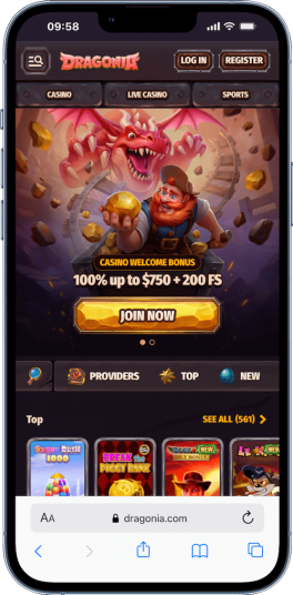 a mobile screenshot of the home page of dragonia cainso, which is the best new casino in Canada