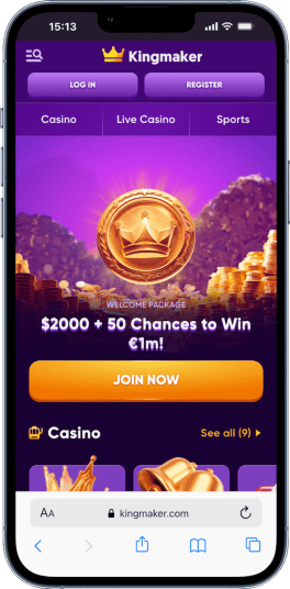 mobile screenshot of the kingmaker casino home page