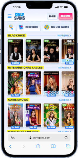 mobile screenshot of the online blackjack Australia live dealer tables at OnlySpins