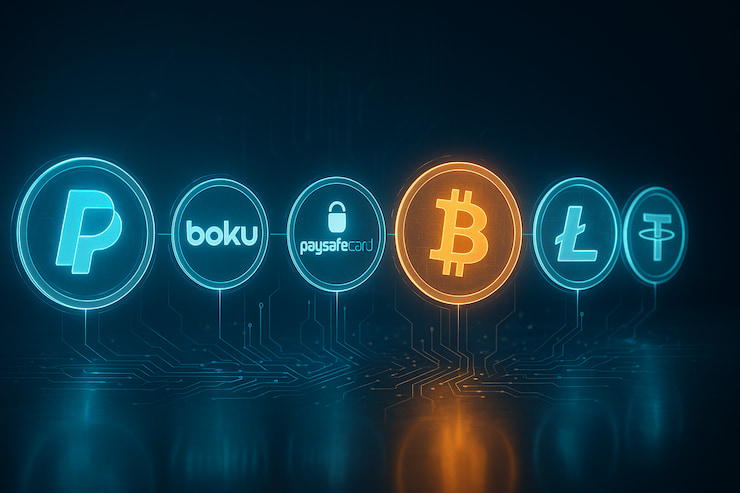 A digital illustration showing various payment method logos, including PayPal and Bitcoin, which can be used at casinos not on GamStop.