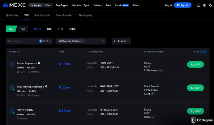 P2P trading dashboard on MEXC website.