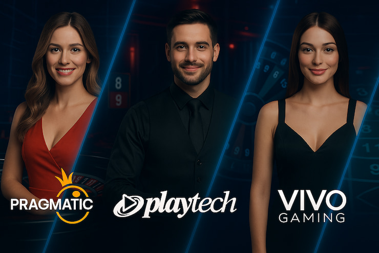 A 3-panel image showing live dealers from popular alternative to Evolution Gaming: Pragmatic Play, Playtech, and VIVO Gaming.
