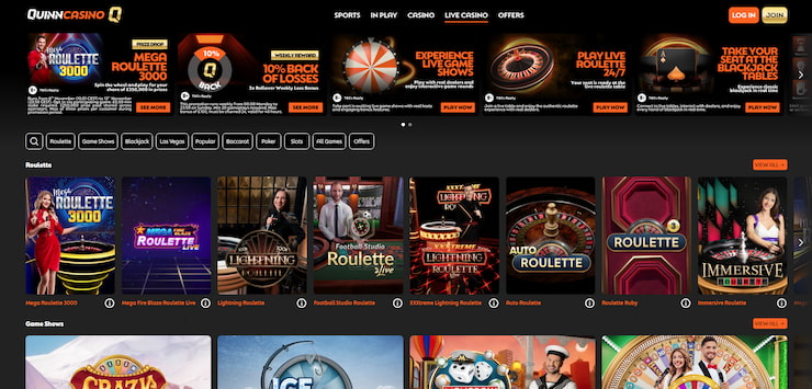 A preview of the live casino platform at QuinnBet, showing promotional banners with weekly offers and cashback, plus popular live games.