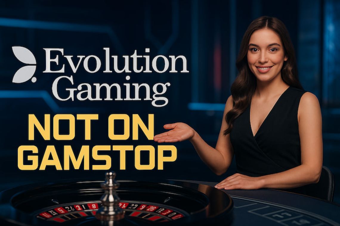 A realistic image of a roulette dealer in a live casino studio, with the title 'Evolution Gaming not on Gamstop' on the left.