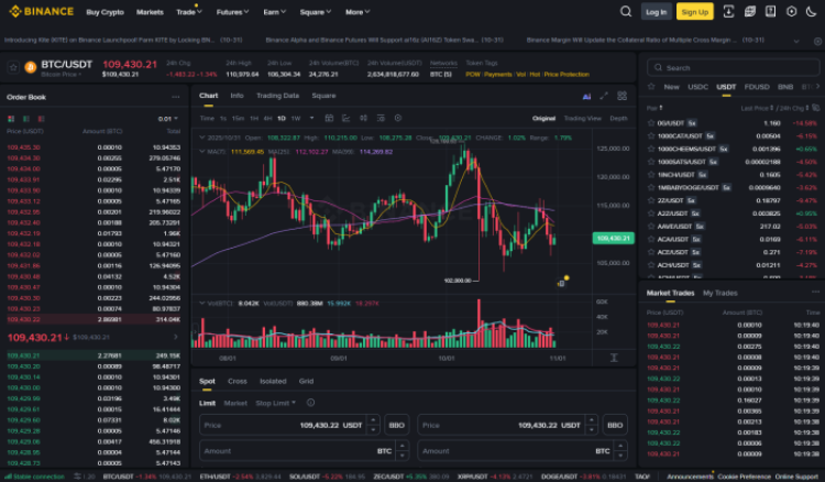 Spot trading dashboard on the web version of Binance.
