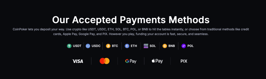 Akceptované platební metody na CoinPoker