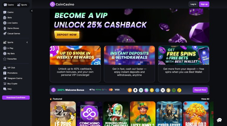 CoinCasino homepagina - 25% cashback promotie met paysafecard