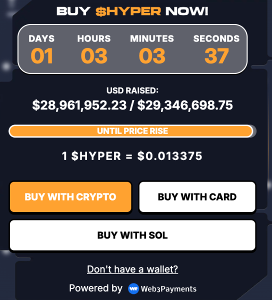 $HYPER website widget shows current price.