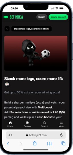 BetNinja sports offer displayed on a mobile screen, shown within informational content about sports betting Australia.
