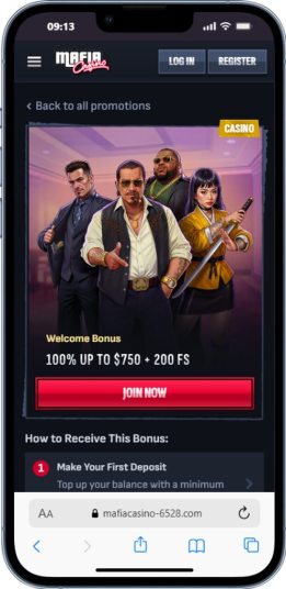 Mafia Casino welcome offer displayed on a mobile screen, featured within informational content about online sports betting Australia.