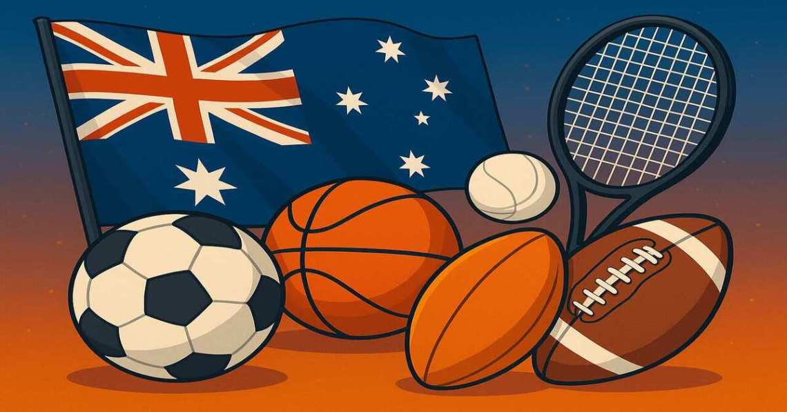 Illustration for the best sports betting sites Australia featuring the Australian flag in the background with sports equipment including a soccer ball, basketball, cricket ball, rugby ball, tennis racket, and tennis ball.