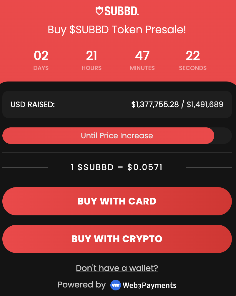 SUBBD widget on the website with current price.