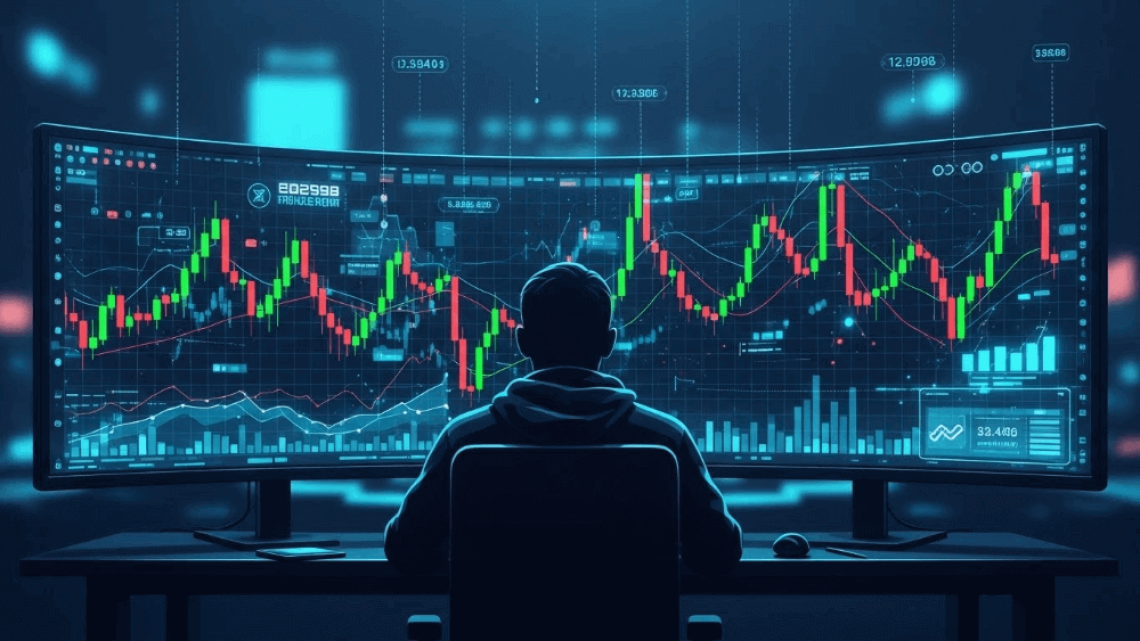 大型スクリーンの前に座り、仮想通貨の先物取引をするトレーダー