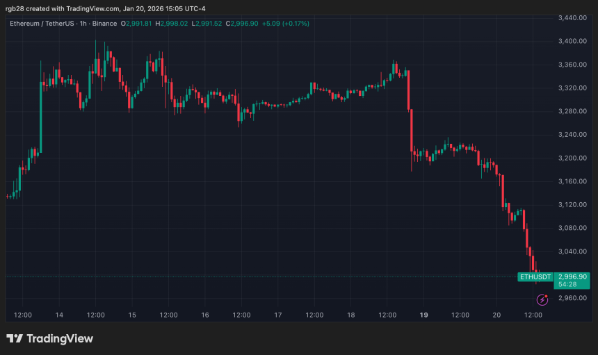 BitMine’s Ethereum Holdings Near 3.5% Supply Milestone As ETH Falls Below $3,000