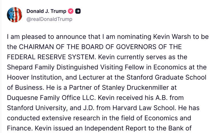 Trump Nominates Pro-Crypto Kevin Warsh For New Fed Chair — Details