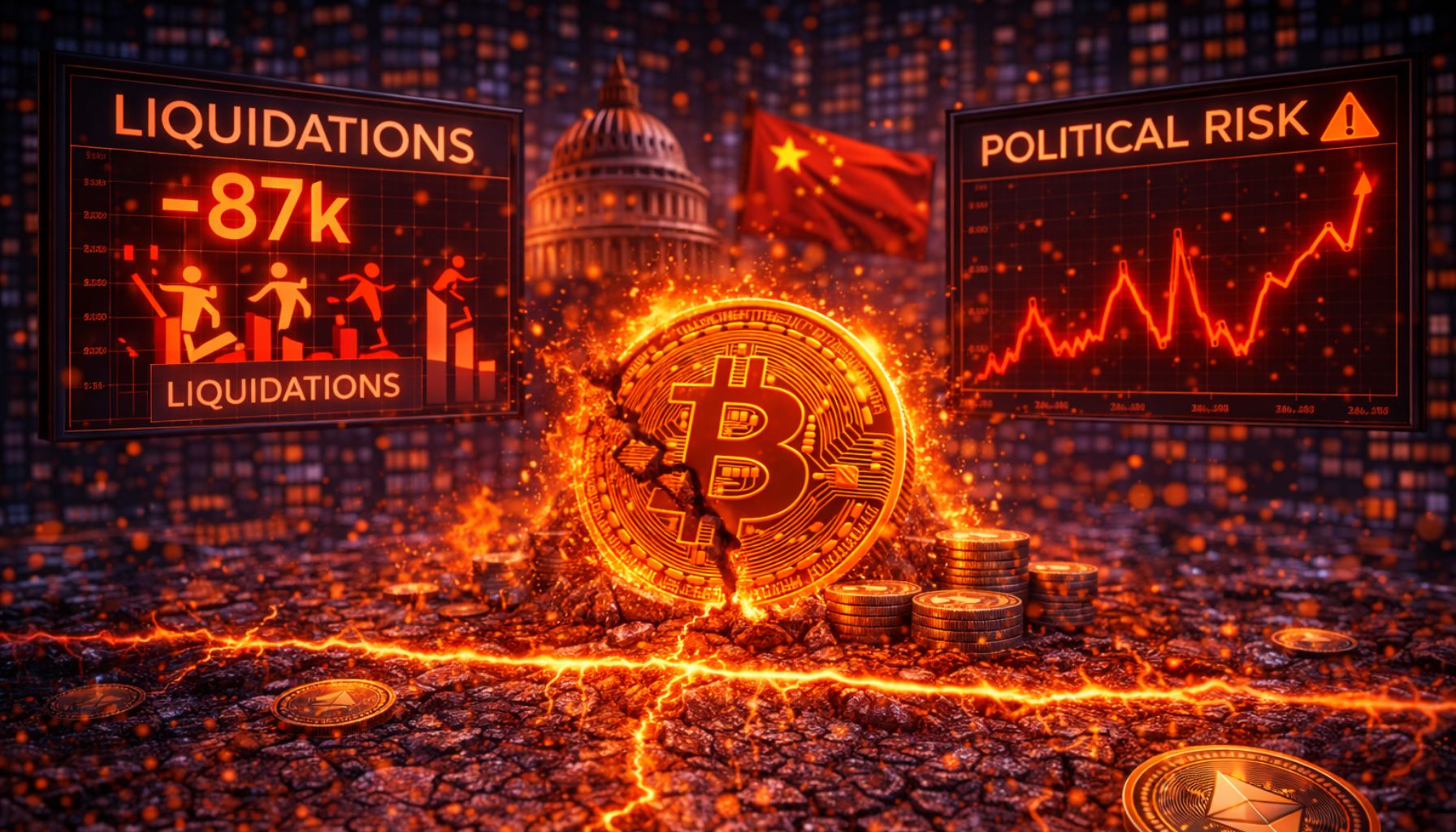 Bitcoin Breaks Below $87K As Political Risk Spikes – Liquidations Reveal The Real Driver
