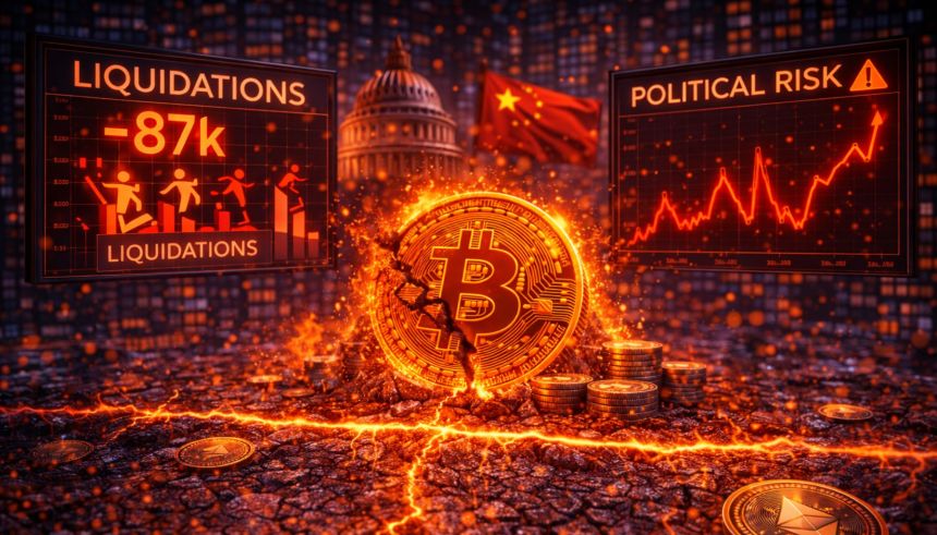 Bitcoin Breaks Below $87K As Political Risk Spikes – Liquidations Reveal The Real Driver