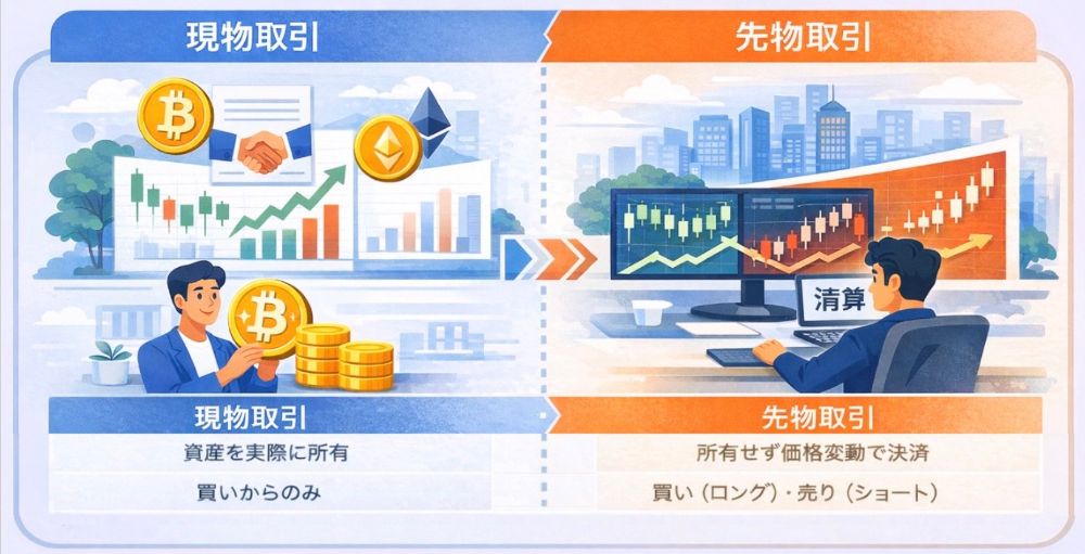 現物取引と先物取引の違いを表した図解＋仮想通貨先物取引のやり方