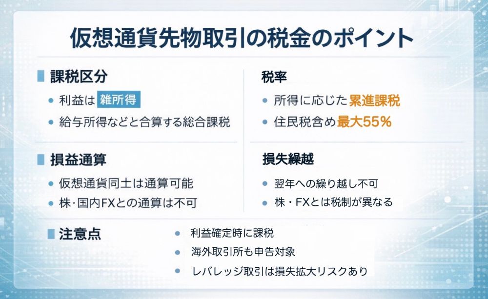 仮想通貨先物取引の税制ポイントをまとめた図