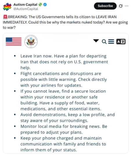 Repost of advice from US government to leave Iran. 