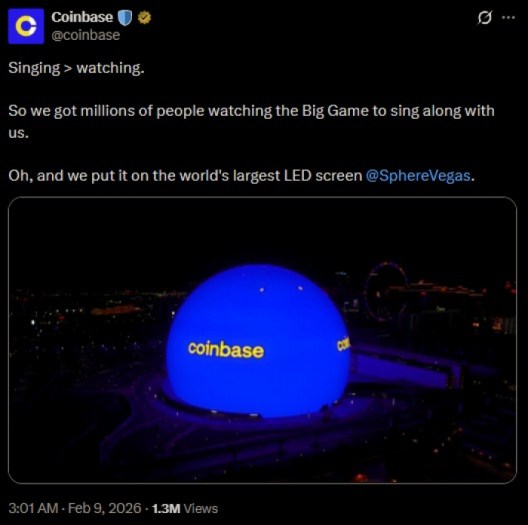 Coinbase's X post celebrating the Superbowl ad.