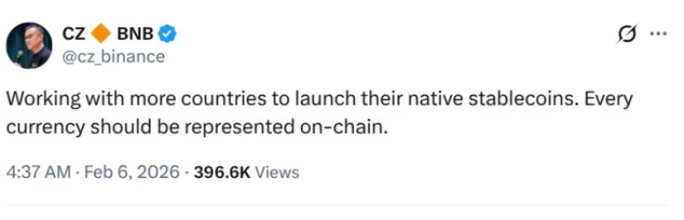 Changpeng Zhao's X post about each currency being represented on-chain.