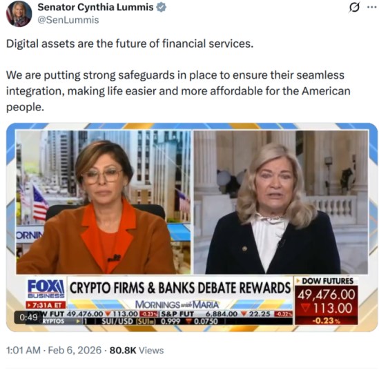 Lummis' X post about banking change. 