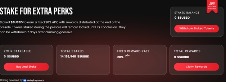 SUBBD token staking page.