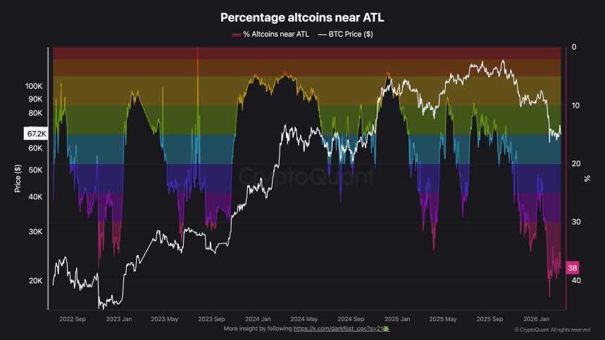 Porcentaje de altcoins cerca de su mínimo histórico | Fuente: CryptoQuant 