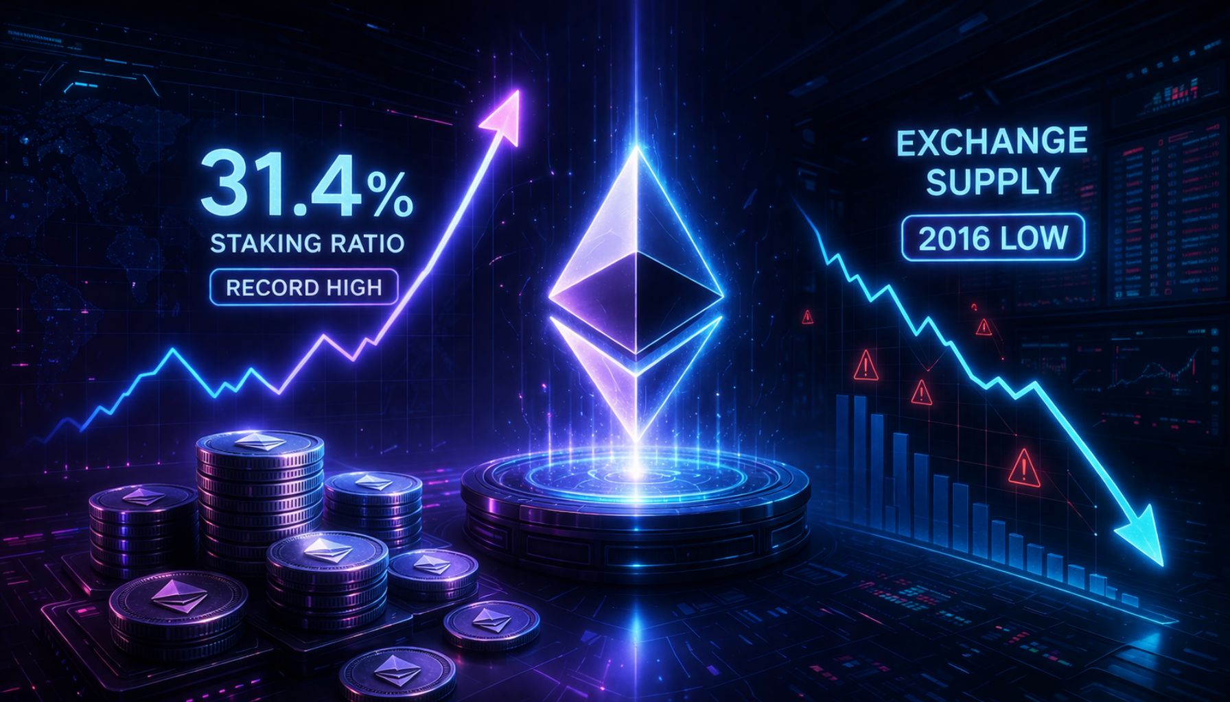 Ethereum bate recorde de estaking: 31,4% da oferta está bloqueada e oferta em exchanges cai a níveis de 2016