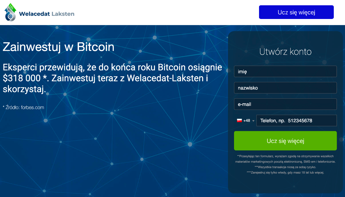 Interfejs platformy Welacedat Laksten prezentujący wykresy i panel handlowy