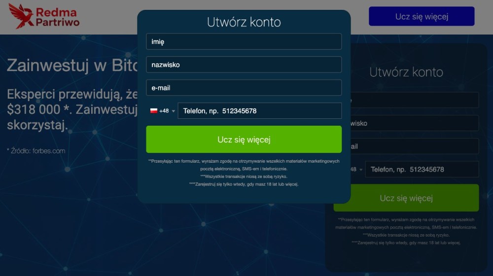Formularz rejestracji w Redma Partriwo