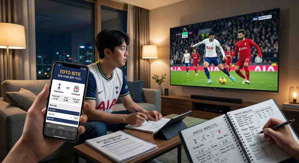 축구를 큰 티비로 보고있는 한국인. 그에 핸드폰에는 토토사이트가 있음.