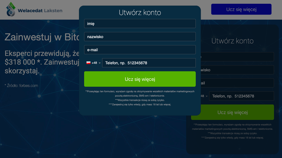 Proces rejestracji konta na platformie Welacedat Laksten