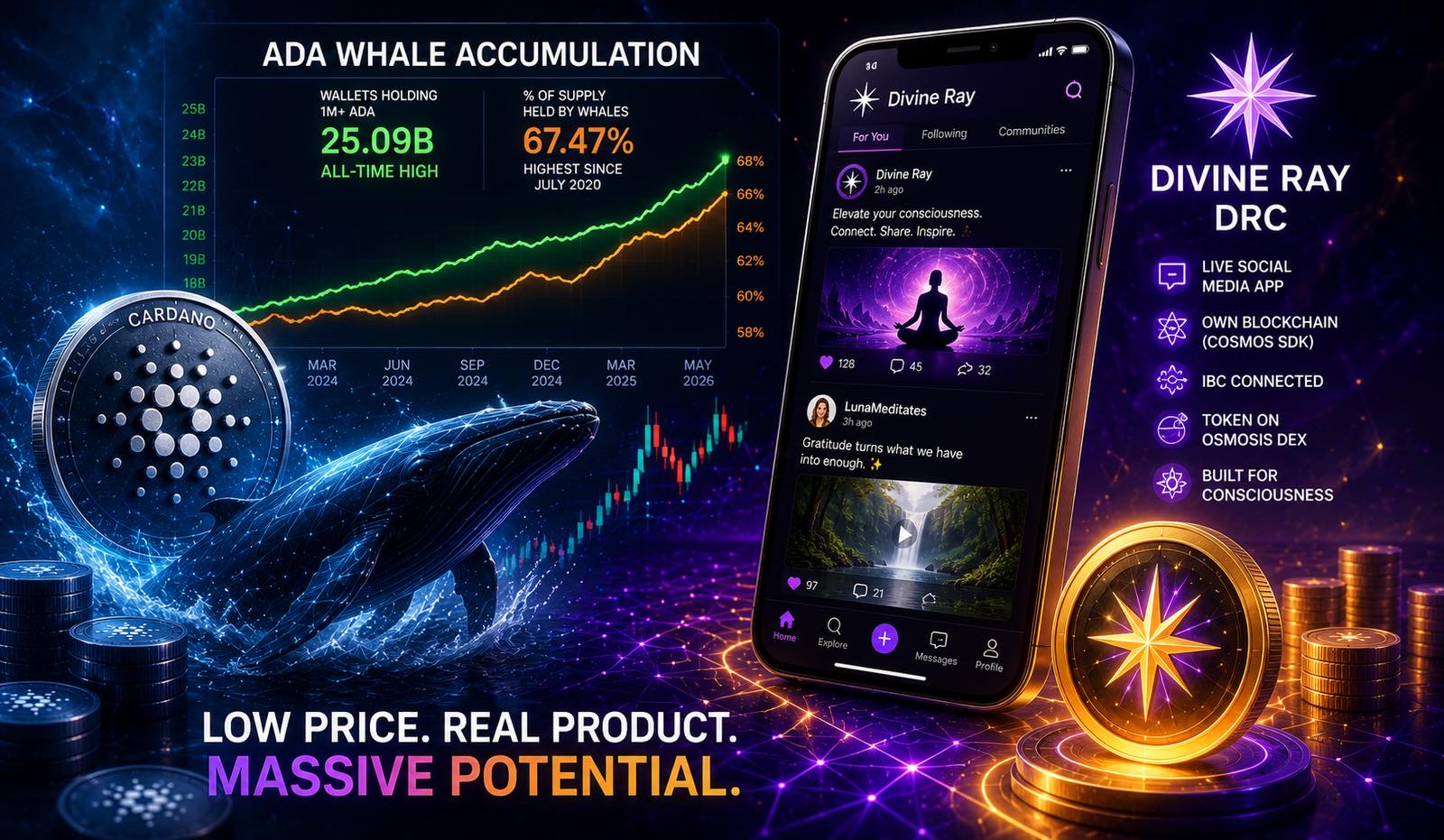 Cardano Price Prediction: Whales Accumulate 67% of ADA Supply as Divine Ray ICO Smashes $100K With Live Product