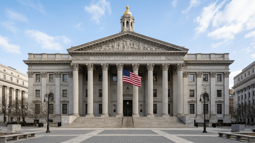 Architectural illustration of the Manhattan federal courthouse in Foley Square, New York City